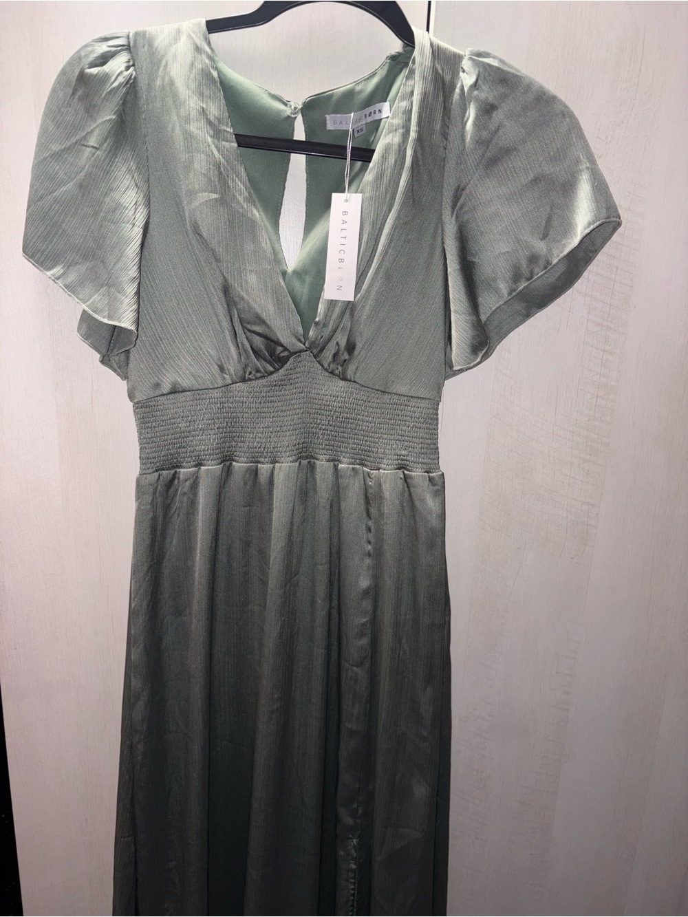 Baltic Born Sage Green Satin Midi Dress with Flutter Sleeves